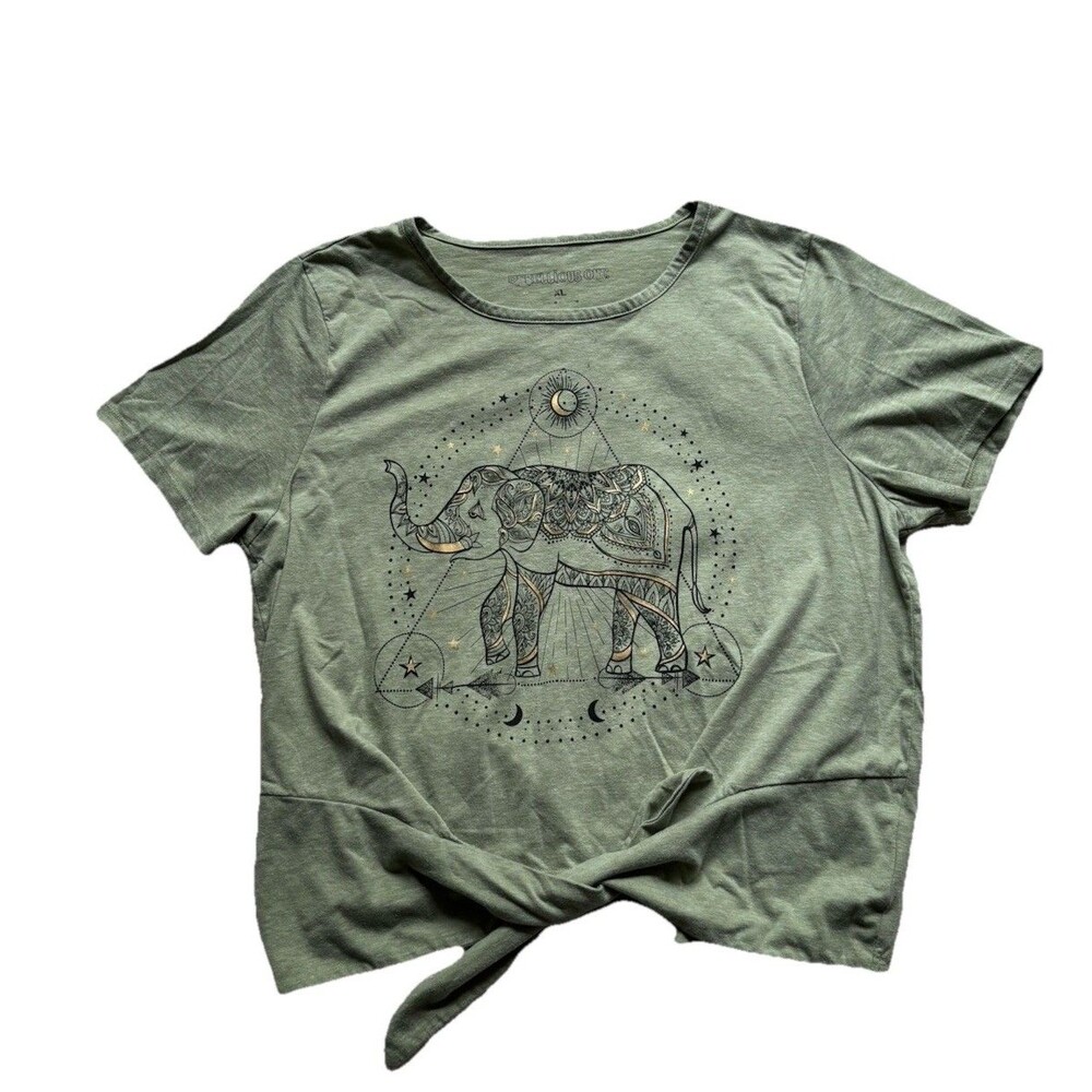 Rebellious One Juniors XL Green Crop Top With Front Tie Gold Elephant Design